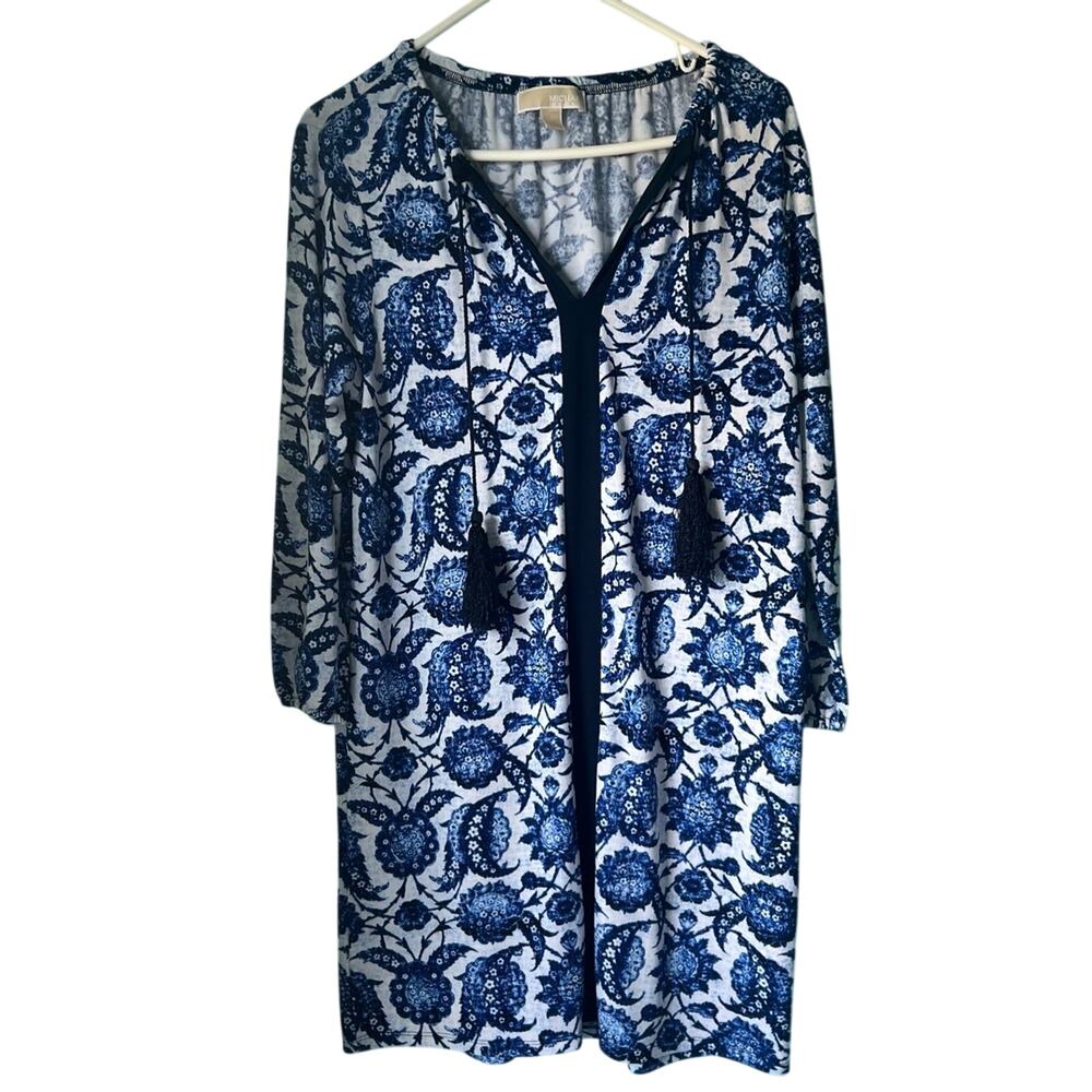Michael Kors Floral Tunic Dress with tassels Size Small, black, blue & white